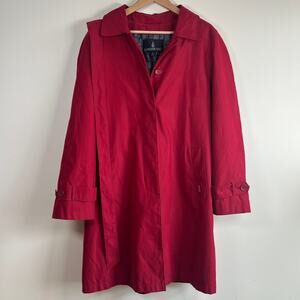 London Fog Womens Red Trench Coat Belted Collared Long Sleeve Large Rain Jacket